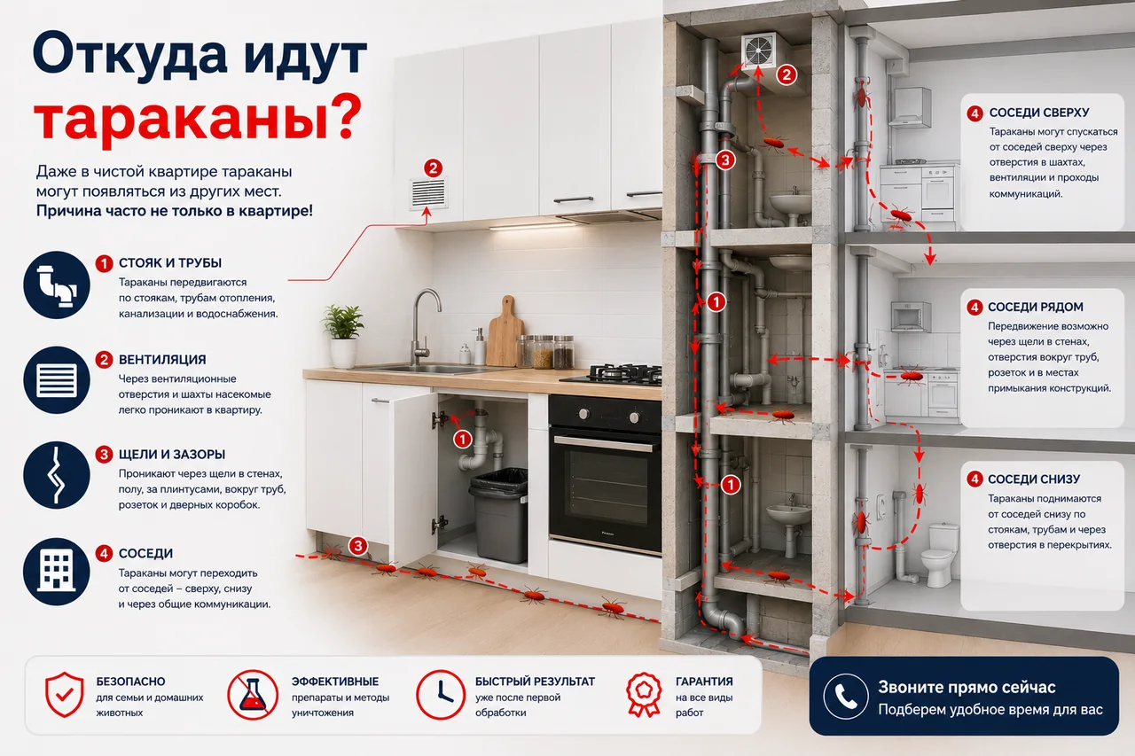 Зоны риска тараканов на кухне: мойка, бар, сухой склад и коммуникации
